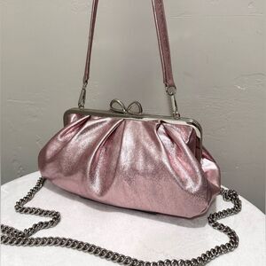 Pearlescent Pink Lambskin Handmade “Bow” Shaped Kisslock Slouchy Bag, Multi Use